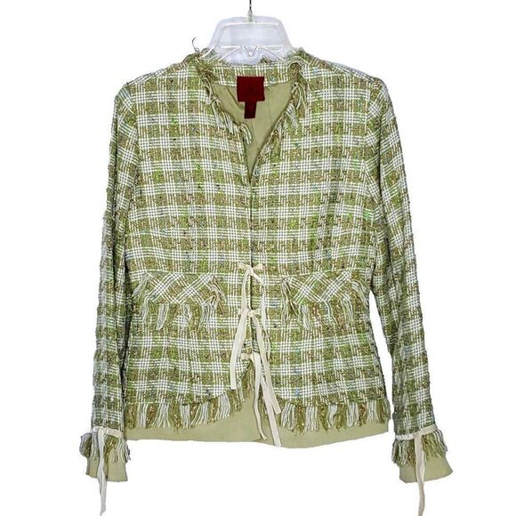 JS Collections Woven Plaid Tweed Jacket 10 M Green Frayed Fringe Trim Velvet Tie - Picture 1 of 6